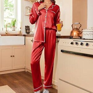 Women Satin Pajamas Set Classic Button Down Long Pjs Pajama Set Sz Small